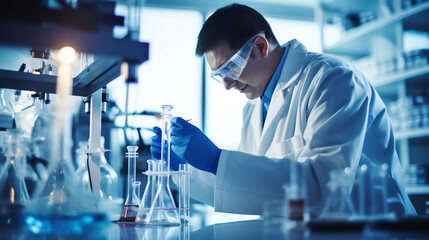 Male scientist working on study in laboratory for medical research analysis. Advanced scientific biotechnology laboratory.
