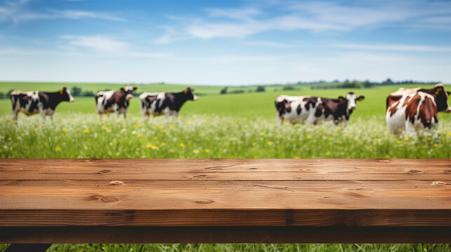 Wooden tabletop display with cows in open nature background - ai generative