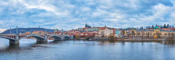 Panorama of Vltava River with Manes Bridge, Prague, Czechia - obrazy, fototapety, plakaty