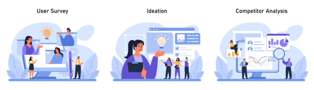 Design Thinking set. Essential steps in creative problem-solving: conducting user surveys, generating ideas, and analyzing competitors. Essential for product development. Flat vector