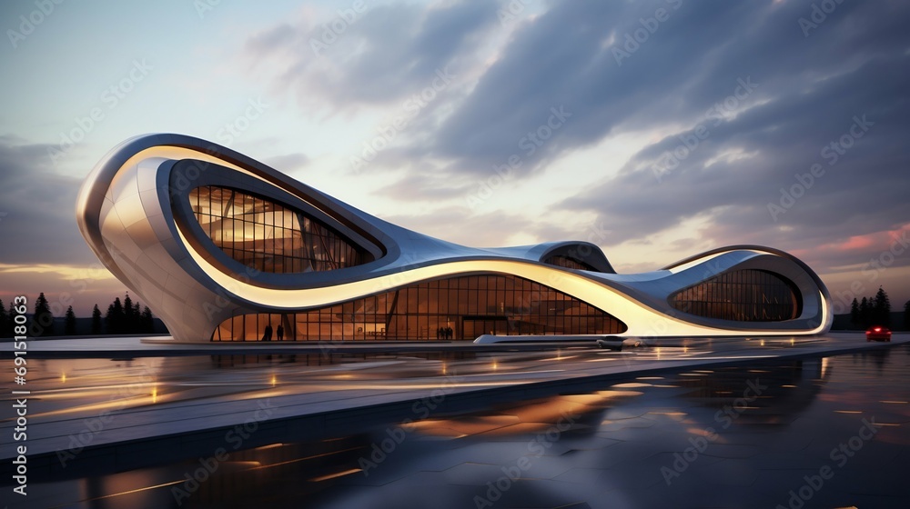 Poster futuristic architecture design at dusk. generative ai