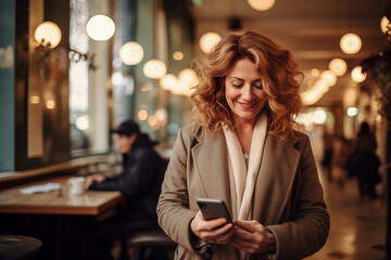 A happy senior woman sits in a cafe, looks at her smartphone with joy, as if she has just read wonderful news. - Powered by Adobe