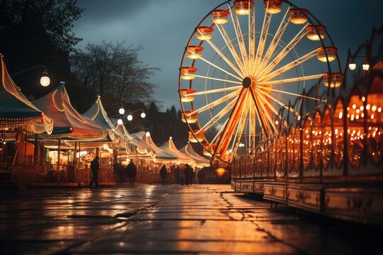 Carnival amusement park with rides that are lit up with colored lights. Blurred fun bright and colorful background. Summer fair at night. Ferris wheel with bright colors.