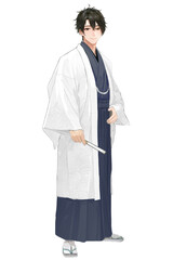 羽織と袴を着用して立っている着物男子（白×グレー）