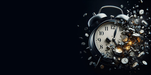 Alarm clock fragmentation fades away . black background. time out concept