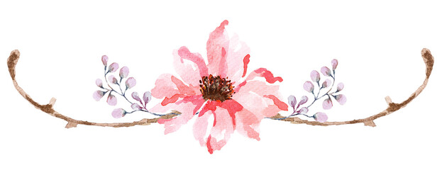 Drawings of twigs with leaves and roses,of watercolor flower elements for invitation cards. Blooming flower paintings for summer hand painted floral pattern.Autumn.