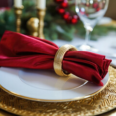 Red New Year's napkin in gold rings on a plate
