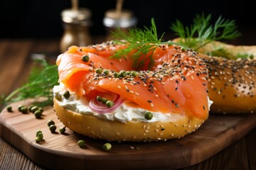 A classic New York style bagel with sesame seeds, accompanied by cream cheese and smoked salmon - obrazy, fototapety, plakaty