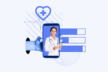 Creative collage image blue filter pretty smile woman doctor treats graphic heart caricature...