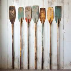 Illustration of wooden oars painted in vintage style. Canoe paddles lined up against an old wooden background. Natural wood canoe paddles. - obrazy, fototapety, plakaty