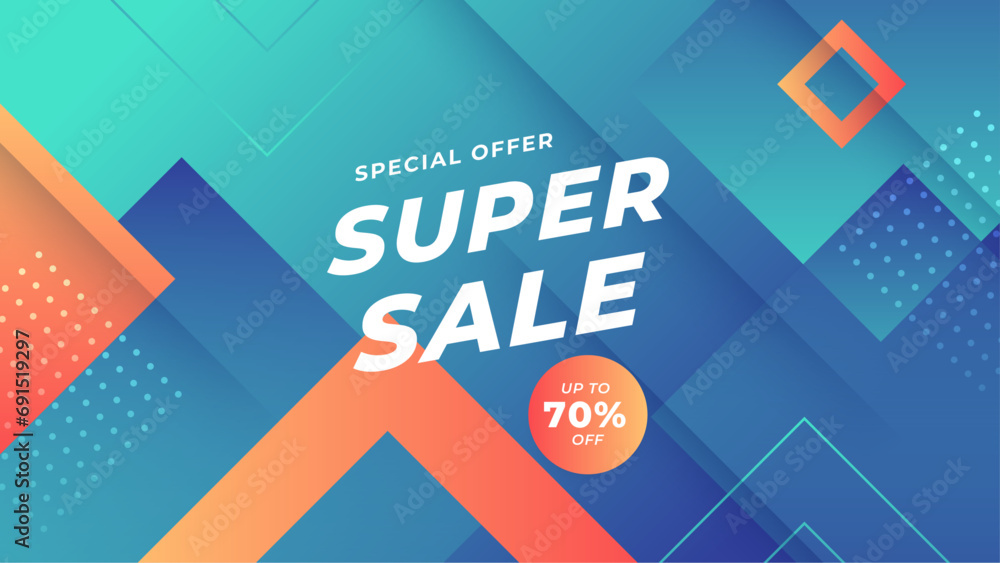 Poster blue green and orange vector abstract sale background design with shapes. vector super sale template