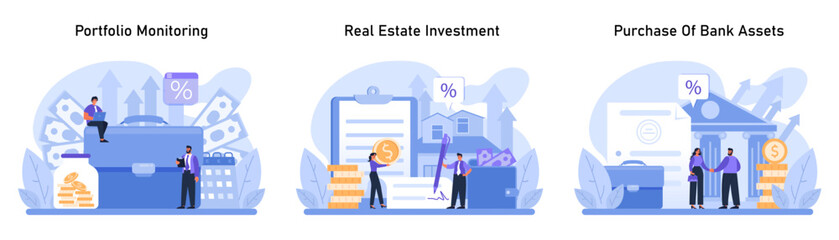 Asset Management Trio set. Tracking portfolio performance, exploring real estate investment opportunities, and engaging in bank asset acquisitions. A comprehensive financial strategy. Flat vector.