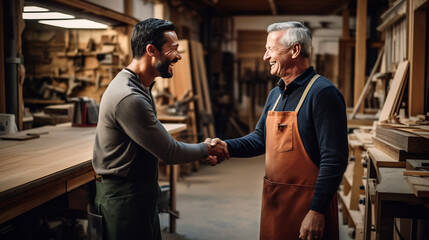 Smiling confident senior male carpenter greeting customer and shaking hands in workshop - obrazy, fototapety, plakaty