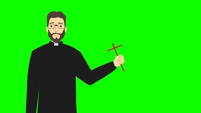 Animation of a priest on green background half body, religion, faith, catholic church.