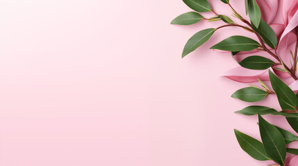 Banner with a pink ribbon symbolizing the fight against cancer met with green branches symbolizing life and hope, pink background with copy space