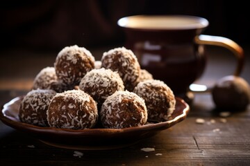 A delicious Swedish Chokladboll dessert, covered in coconut flakes, served with a cup of coffee on a rustic table