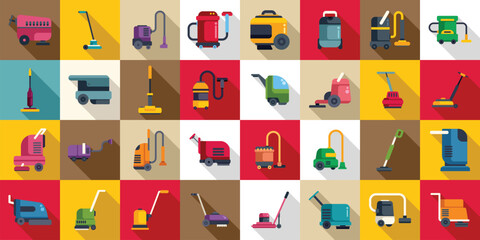 Floor washing machine icons set flat vector. Cleaning staff. Job apartment cleaner