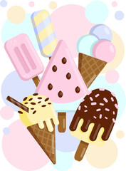 Vector poster background of cute cartoon ice cream. Ice cream on a stick, in a waffle cup, with chocolate icing, fruit ice, frozen watermelon. In soft pink and blue tones. Photo wallpaper