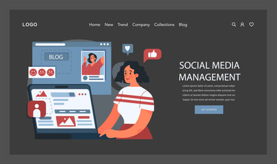 Social Media Management concept. A digital marketer engages with online community through blog and social platforms. Optimizing social presence and interaction. Flat vector illustration