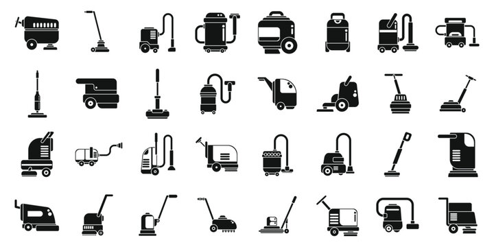 Floor washing machine icons set simple vector. Cleaning staff. Job apartment cleaner