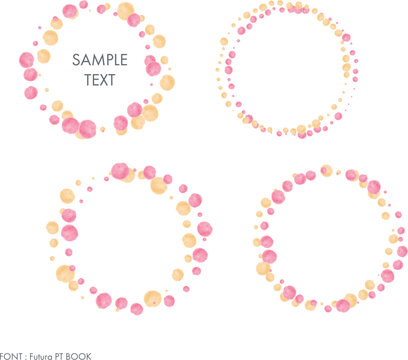 Set of hand-drawn orange and pink dots circle frame, vector illustration isolated on a transparent background. Includes four patterns.
