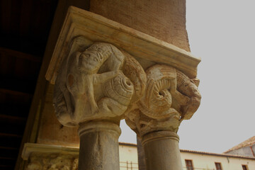 View of the capitals of the columns of the cloister of the Cathedral of Cefalù, Sicily, Italy