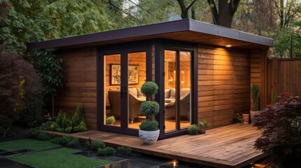 A garden room with a deck and a potted plant - Powered by Adobe