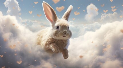 A rabbit flying through the air with hearts in the background