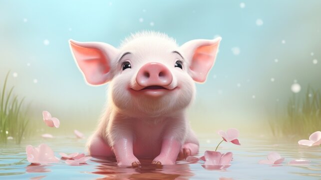 A little pig is sitting in the water
