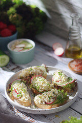 A plate with sandwiches with cottage cheese, radish and cucumber in rustic style