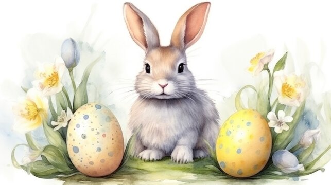 A watercolor painting of a rabbit and eggs