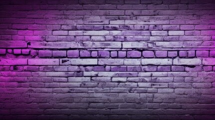  Neon light on an old brick wall. Close-up. Purple magenta background with space for design. Empty. Lighting effect. Grunge backdrop. generative AI.






