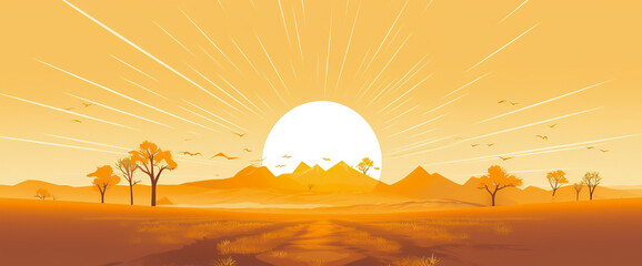 vector illustration of orange and yellow sun, sunset in style of cartoon