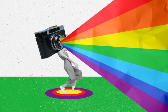 Photo Artwork Collage Picture Of Lady Rainbow Colorful Rainbow Camera Instead Head Isolated Drawing Background