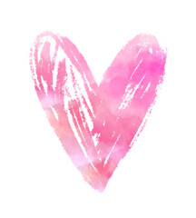 Pink Hand Drawn Watercolor Heart. Simple Pastel Vibrant Pink on a White Background. Doodle Style Sloppy Freehand Heart of Irregular Shape. Valentine's Day Holiday Card with Love Symbol. RGB.