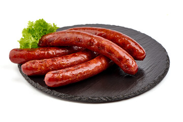 Barbecued sausages, fried sausages bbq, isolated on white background.