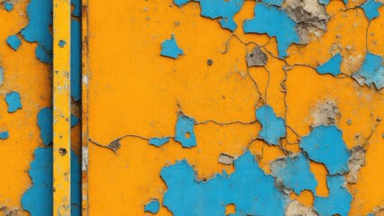 Rusty metal texture. Red yellow orange blue abstract background. Cracked peeling paint. Old painted iron surface. Colorful background for design. generative AI.






