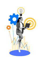 Vertical collage image of young successful business woman use laptop has great idea in commercial...