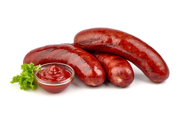 Barbecued sausages, fried sausages bbq, isolated on white background.