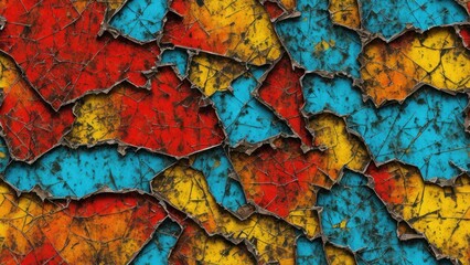 Rusty metal texture. Red yellow orange blue abstract background. Cracked peeling paint. Old painted iron surface. Colorful background for design. generative AI.






