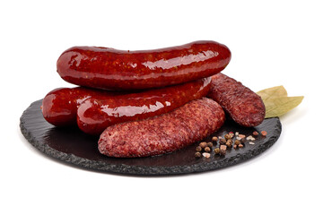 Grilled pork bangers, cooked sausages bbq, isolated on white background.