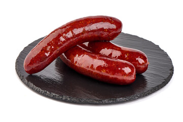 Grilled pork bangers, cooked sausages bbq, isolated on white background.