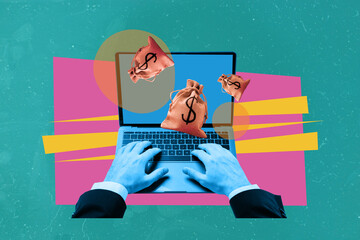 Creative poster collage of man working typing netbook online earning money bags dollars trading...