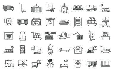 Loading of goods icons set outline vector. Delivery package box. Container equipment