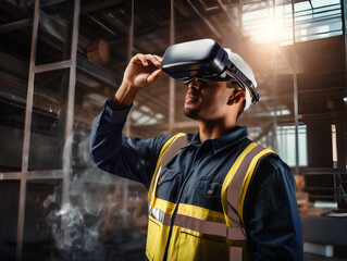 A futuristic architectural engineer, civil engineer wearing an augmented reality headset and overalls on a construction site, the bokeh effect.  - obrazy, fototapety, plakaty