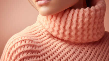 Minimal concept fashion clothing in peach fuzz color, trend of 2024 year. Close-up of a detail of stylish sweater.