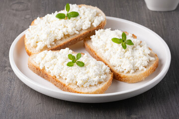 Sandwiches with cottage cheese in a plate on a wooden table