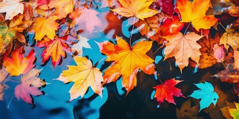 Autumn Leaves Floating on Serene Pond Water. Generative ai