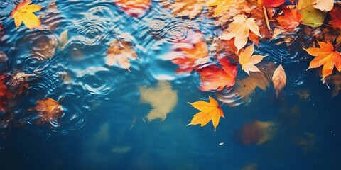 Autumn Leaves Floating on Serene Pond Water. Generative ai