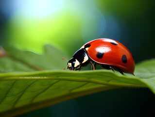 Macro shots Beautiful ladybug on flower leaf defocused background